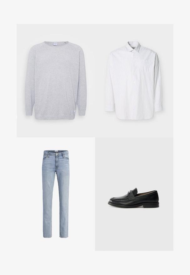 Lichtgrijze trui met lange mouwen, ronde hals en textuur gebreid. Heeft een subtiel gespikkeld patroon en een klein label aan de zoom.; Witte blouse met lange mouwen en verticale beige dunne strepen, met een borstzak, plat uitgestald op een lichte achtergrond.; Lichtblauwe rechte spijkerbroek met voorzakken, riemlussen, knoopsluiting en subtiele vervaagde details.; Zwarte lederen instappers met een gladde afwerking, voorzien van een gestructureerde bovenband, lage hak en minimale stiksel-details.