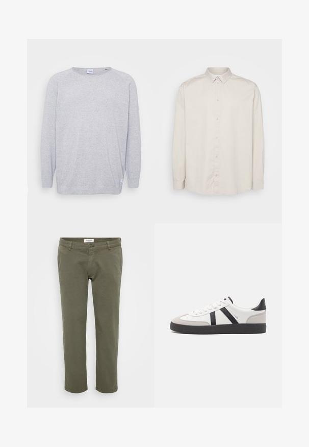 Lys grå sweater med lange ærmer, rund halsudskæring og struktureret strik. Har et diskret spættet mønster og et lille mærke ved kanten.; Langærmet skjorte i lys beige bomuld. Har en klassisk krave, fuld knaplukning og manchetter med knapper. Glat tekstur.; Olivengrønne chinos med lige pasform, lavet af bomuld med let struktur, med knaplukning og bæltestropper.; Hvide sneakers med sorte og grå detaljer, med en tekstureret grå tåhætte, sort gummisål og flade hvide snørebånd. Rent design, minimalistisk stil.