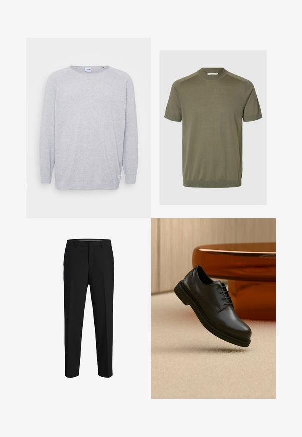 Lys grå sweater med lange ærmer, rund halsudskæring og struktureret strik. Har et diskret spættet mønster og et lille mærke ved kanten.; Oliven grøn kortærmet t-shirt med rund hals, lavet af tekstureret stof, med ribkanter og en tætsiddende silhuet.; Sorte bukser lavet af glat stof, med lige snit, bæltestropper og et fladt frontdesign uden synlige mønstre eller pyntegenstande.; Sort læder snøresko svæver over beige tæppe med en blank brun rundet genstand i baggrunden.