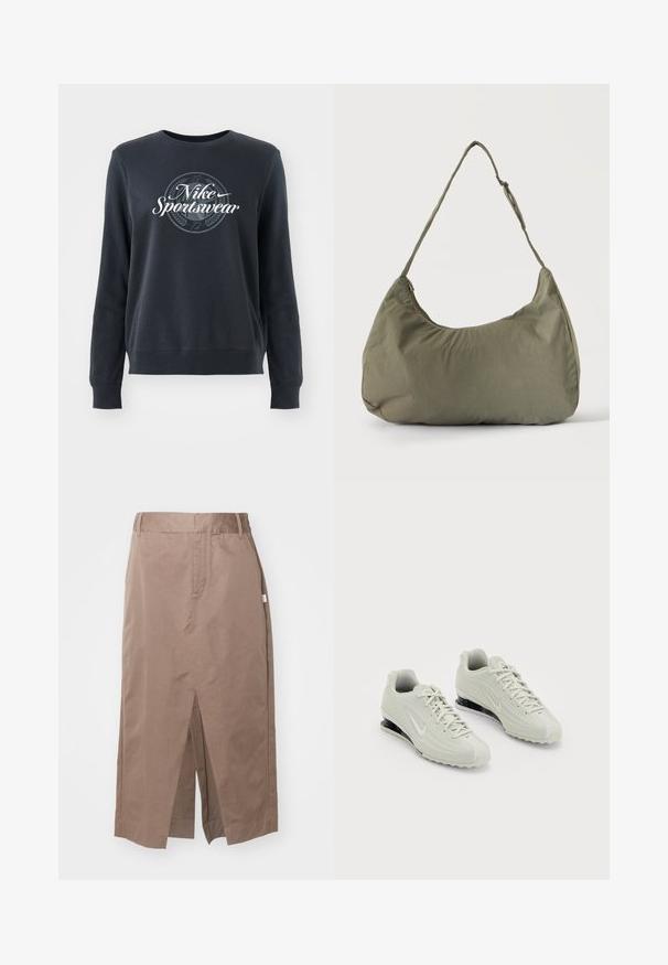 Tmavomodrá mikina z mäkkého materiálu, s okrúhlym výstrihom, dlhými rukávmi a grafickým logom "Nike Sportswear" na prednej strane.; Hnedá bavlnená sukňa so rovný dizajnom, s predným rozparkom, bočnými vreckami a štandardným pásom. Hladká textúra a prispôsobené švy.; Biele tenisky Nike s textúrovaným zvrškom, s hladkým krytom priehlavku a čiernymi akcentmi na polstrovaní. Viazací štýl s vystuženou pätou.; Olivovo zelená mäkká látková taška cez rameno so zipsovým uzáverom a nastaviteľným popruhom na svetlom jednofarebnom pozadí.