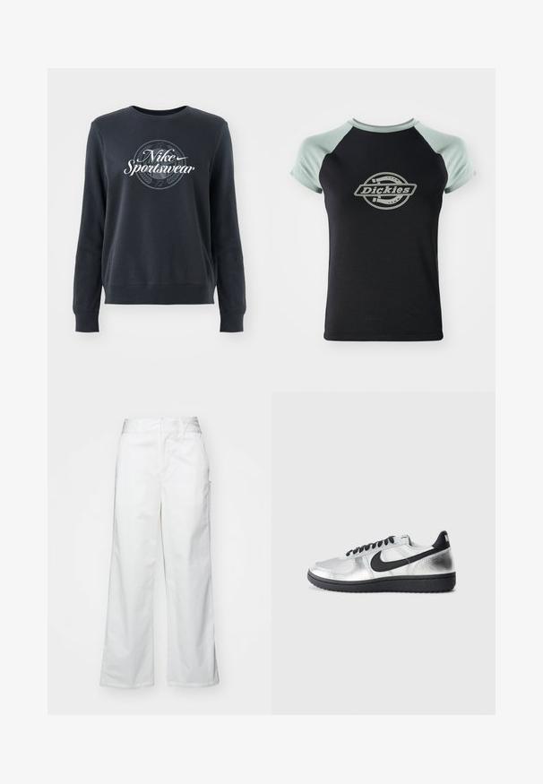 Tmavomodrá mikina z mäkkého materiálu, s okrúhlym výstrihom, dlhými rukávmi a grafickým logom "Nike Sportswear" na prednej strane.; Čierne tričko s svetlozelenými raglánovými rukávmi. Obsahuje centrálny kruhový znak s textom "Dickies" v dizajne lana. Mäkka tkanina.; Biele široké nohavice vyrobené z bavlny, s hladkým povrchom, rovnou siluetou, prednými vreckami a čistým lemom.; Strieborná a čierna nízka teniska Nike s čiernym swooshom, čiernymi šnúrkami a čiernou podrážkou na jednoduchej svetlošedej ploche.