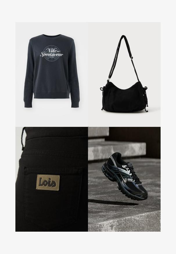 Mørkeblå sweatshirt lavet af blødt stof, med rund hals, lange ærmer og et grafisk "Nike Sportswear" logo foran.; Sorte stofbukser med en baglomme, der har et brunt mærke prægede med "Lois" i mørk skrift. Syningerne er synlige.; Sort og sølv Nike løbesko svævende over betontrappe, viser detaljeret design og tekstureret sål i udendørs omgivelser.; Sort kordfløjls skuldertaske med en buet form, justerbar strop og snorelukninger på begge sider til størrelsejustering.