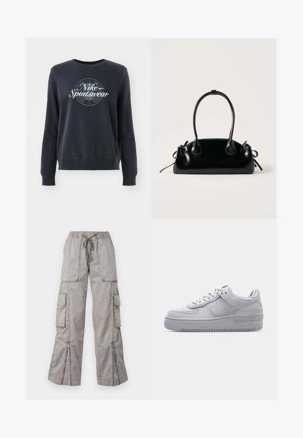 Sudadera azul oscura hecha de una tela suave, con cuello redondo, mangas largas y un gráfico del logo "Nike Sportswear" en la parte delantera.; Pantalones cargo de color gris claro con una cintura elástica, ajuste con cordón, múltiples bolsillos laterales y dobladillos con cremallera. Fabricados en un tejido suave y ligero.; Zapatilla Nike Air Force 1 gris con puntera perforada, parte superior de cuero suave, suela gruesa y detalle en relieve 'AIR' en el talón.; Pequeño bolso negro brillante con dos asas largas y detalles de cordón lateral sobre un fondo claro liso.