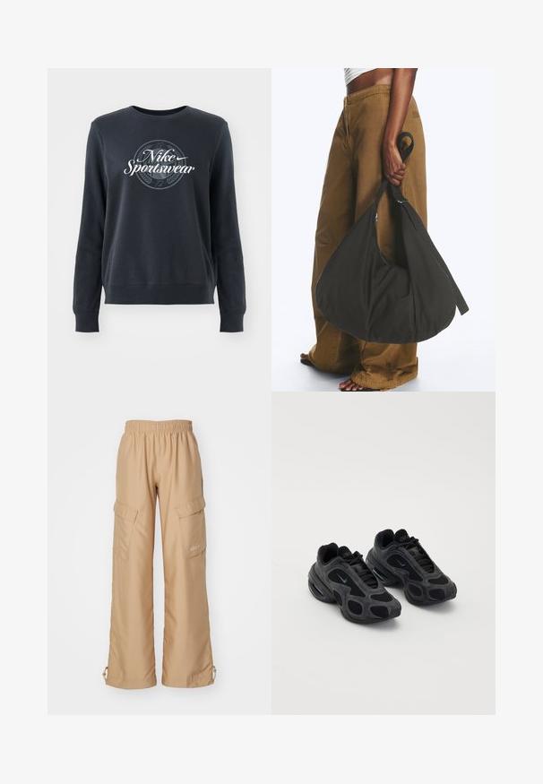 Tmavomodrá mikina z mäkkého materiálu, s okrúhlym výstrihom, dlhými rukávmi a grafickým logom "Nike Sportswear" na prednej strane.; Nike Sportswear TREND - Kapsáče - hemp; Čierne tenisky Nike s panelmi z sieťoviny a semišu, unikátnymi výrezmi a vypolstrovanými goliermi. Lesklé akcenty na stranách zdôrazňujú moderný dizajn.; Osoba nosiaca hnedé široké nohavice a biely top drží veľkú čiernu mäkkú kabelku za popruh pri svojom boku.