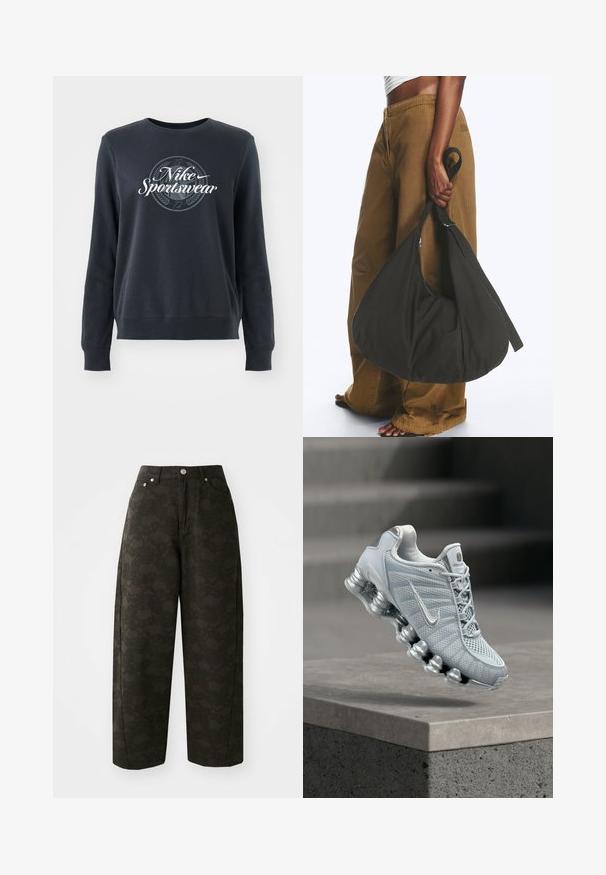 Tume sinine jack, mis on valmistatud pehmest kangast, ümmarguse kaelusega, pikkade varrukatega ja esiserval "Nike Sportswear" graafikaga.; Tumedad rohelised laiad püksid, millel on tekstuurne lillemuster, viie tasku disain ja metallist nupud vööl.; Heleroheline Nike jooksujalats pehmendatud vedrustusega tallaga, hõljumas betoonserva kohal, uduse trepi taustaga.; Isik kannab pruune laia säärega pükse ja valget topi, hoides oma külje peal suurt musta pehmet käekotti sangast kinni.