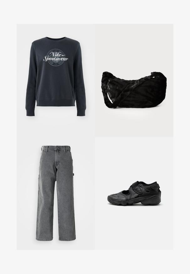 Donkerblauwe sweatshirt gemaakt van zachte stof, met een ronde hals, lange mouwen en een grafisch "Nike Sportswear" logo op de voorkant.; Grijze cargo-broek met wijde pijpen van denim, voorzien van zijzakken, een knoopsluiting en een rechte pasvorm. De stof heeft een zachte textuur.; Zwarte sportieve sandaal met gesloten neus, klittenbandriemen op de middenvoet en hiel, en een dikke gewatteerde zool met de tekst "AIR" aan de zijkant.; Zwarte stoffen tas met een gestructureerd golfpatroon, voorzien van een gedraaide handgreep en een ronde vorm. Zacht, pluche materiaal dat een tactiele ervaring biedt.