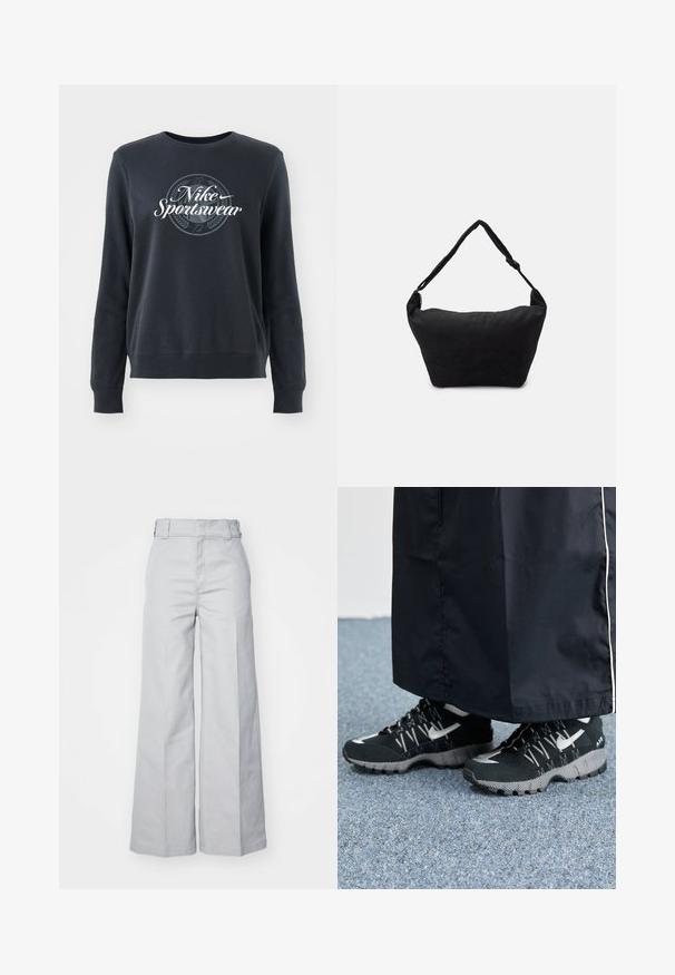 Tume sinine jack, mis on valmistatud pehmest kangast, ümmarguse kaelusega, pikkade varrukatega ja esiserval "Nike Sportswear" graafikaga.; Heledad hallhallid puuvillasegusest materjalist püksid, millel on kõrge vöökoht, struktureeritud vööling ja nähtavad õmblused.; Mustad mustrehilised mustad spordijalatsid, millel on tekstuurne pealmine osa, hõbedased aktsendid ja mustriga tallaosad, koos musta pika riietusega. Seatud sinise vaiba taustale.; Must mustriga mustriga kott musta kangast, pehme tekstuuriga pinnaga, ümar kuju ja ühe rihmaga. Minimalistlik disain, ilma nähtava riistvara või aktsentideta.