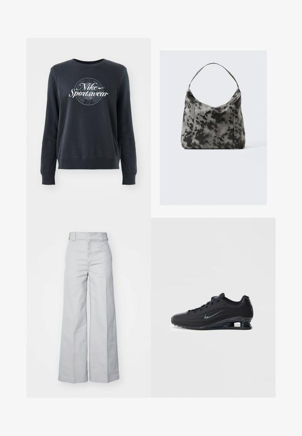 Tmavomodrá mikina z mäkkého materiálu, s okrúhlym výstrihom, dlhými rukávmi a grafickým logom "Nike Sportswear" na prednej strane.; Svetlošedé nohavice s širokými nohavicami vyrobené z bavlneného zmesi, so zvýšeným pásom, štruktúrovaným pásom a viditeľným prešívaním.; Čierne tenisky Nike s textúrovaným zvrškom, elegantným dizajnom, šnurovaním a viditeľnou vzduchovou jednotkou na päte. Minimalistický branding.; Čierna a šedá bodkovaná látková taška s zakriveným siluetou, jedným uchom a jemnou textúrou, ponúkajúca neformálny a priestranný dizajn.