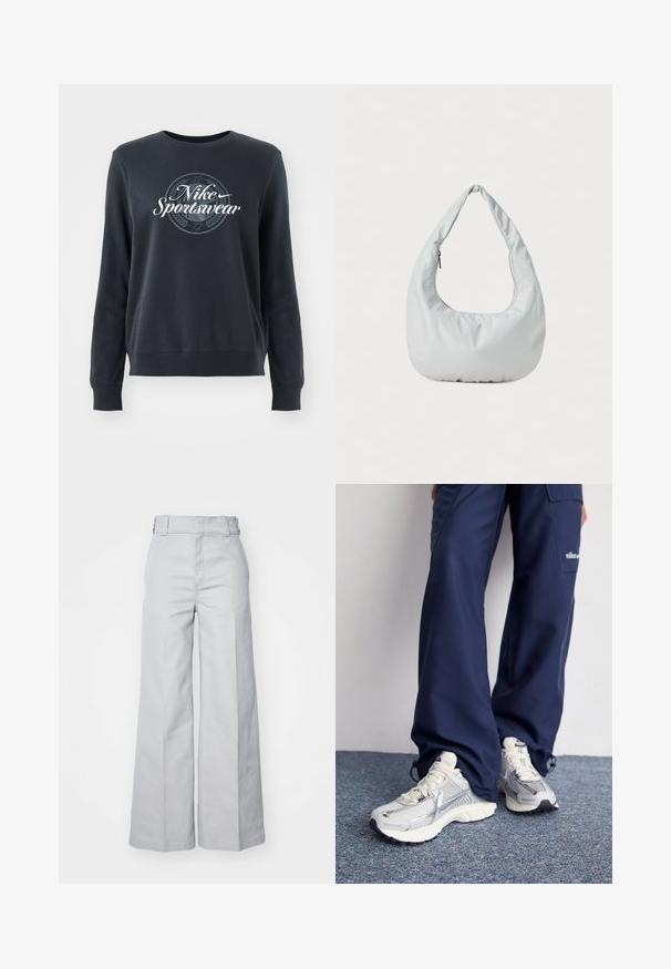 Tmavomodrá mikina z mäkkého materiálu, s okrúhlym výstrihom, dlhými rukávmi a grafickým logom "Nike Sportswear" na prednej strane.; Svetlošedé nohavice s širokými nohavicami vyrobené z bavlneného zmesi, so zvýšeným pásom, štruktúrovaným pásom a viditeľným prešívaním.; Športové topánky Nike s strieborným sieťovaným zvrškom, bielymi detailmi a textúrovanými podrážkami, skombinované s voľnými námorníckymi nohavicami.; Mäkká, svetlošedá hobo taška vyrobená z syntetického materiálu. Obsahuje jeden polstrovaný popruh a bočné vrecko so zipsom.
