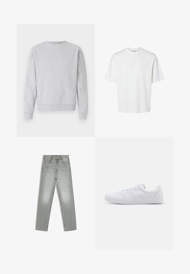 Grå sweatshirt lavet af blødt stof, med rund hals, lange ærmer samt ribbemanchetter og -kant. Simpelt design uden logoer eller mønstre.; Enkel hvid t-shirt med korte ærmer, rund hals og løs pasform vist på hvid baggrund.; Grå støvleben jeans med fem lommer, knap- og lynlåslukning, vist fladt på hvid baggrund.; Hvide lærreds sneakers med gummisål, der har seks snørehuller, en struktureret tåkap og et minimalistisk design.