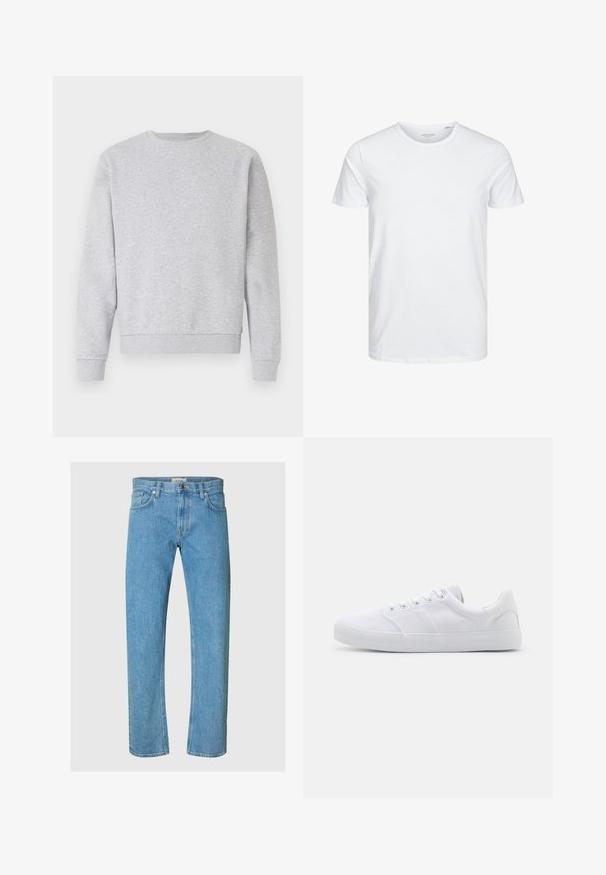 Gray sweatshirt made of soft fabric, featuring a crew neck, long sleeves, and ribbed cuffs and hem. Simple design without logos or patterns.; Round-neck short-sleeve t-shirt in solid white, made of soft cotton, features a simple design with no visible patterns or accents.; Light blue denim jeans feature a straight-leg design, five-pocket style, and a zip fly with a metal button closure.; White canvas sneakers with a rubber sole, featuring six eyelets, a textured toe cap, and minimalistic design.