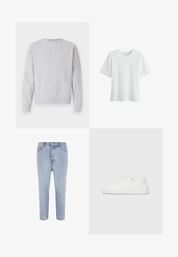 Grå sweatshirt lavet af blødt stof, med rund hals, lange ærmer samt ribbemanchetter og -kant. Simpelt design uden logoer eller mønstre.; Hvid, enkelt T-shirt med korte ærmer og rund hals, størrelse medium, vist på hvid baggrund.; Lys blå denimjeans med høj talje, lige ben og fem-lomme design. Har en knaplukning og subtil falmning.; Hvid sneaker med en glat læderoverdel, rund tå, snørebånd, teksturerede sideaccenter og en tyk gummisål. Minimalistisk design.