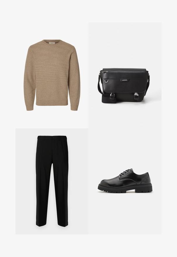 Beige langærmet strikket sweater med rund halsudskæring og ribstrikkede manchetter og kant, vist på en hvid baggrund.; Sorte bukser lavet af glat stof, med lige snit, to forlommer og lynlås med knaplukning.; Sorte lædersko med rund tå, snørelukning og en tykk, struktureret gummisål. Har syninger langs kanten og en glat overflade.; Sort tekstureret Lacoste messengertaske med justerbar rem, frontklap, lynlås lomme og metalspænder.