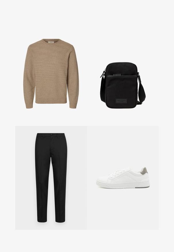 Jersey beige de punto con mangas largas, cuello redondo y puños y dobladillo de canalé, mostrado sobre un fondo blanco.; Pantalones negros de tejido suave con un corte ajustado, que cuentan con un cierre de botón, cinturilla con pasadores y piernas rectas.; Zapatilla blanca con material de cuero liso, punta redonda, diseño minimalista, acento gris en el talón y suela de goma texturizada.; Bolso cruzado de tela negra con un compartimento principal con cremallera, acentos de cuero, bolsillo frontal y strap ajustable. Logo de Marc O'Polo visible.