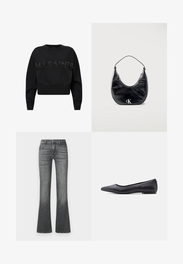 Sweatshirt court noir en tissu doux, avec "ALLSAINTS" en accents noirs texturés sur le devant. Col rond et manches longues.; Jean gris évasé en denim, avec une taille mi-haute, un léger délavage et un design classique à cinq poches.; Chaussure plate en cuir noire à bout pointu avec petit talon, vue de profil sur fond blanc.; Sac à main en cuir noir en forme de croissant avec une sangle courte et un logo "cK" argenté sur le devant, fermeture éclair en haut.