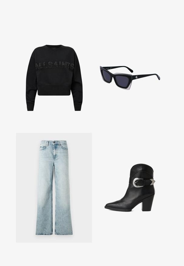 Sort cropped sweatshirt lavet af blødt stof, med "ALLSAINTS" i teksturerede sorte accenter på forsiden. Rund hals og lange ærmer.; Lyseblå vidde jeans lavet af denim, med høj talje, forkortet nederkant og en blød tekstur med falmede detaljer.; Sort læder ankelsko med spidse tæer, kraftig hæl og en bred rem med en cirkulær sølvspænde på siden. Glat tekstur.; Store sorte oversized solbriller med geometrisk form, med mørke linser og en kontrasterende grå detalje på stellet. Logo på armen.