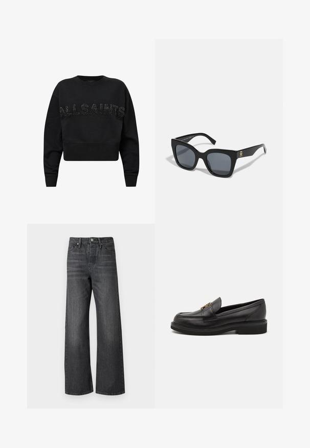 Musthave musta lühikeste varrukatega dressipluus pehmest kangast, millel on esiosas tekstuuriga mustad aktsendid sõnaga "ALLSAINTS". Ümara kaelusega ja pikad varrukad.; Tumed denim laiadegade teksad nööpide kinnitusega, viie taskuga ja kerge kulumisega. Kanga tekstuur on siledam ja viimistlus puhas.; Mustad mustast nahast lohakatega, ümarate varvastega, tikandite ja kuldse viimistlusega. Madal, tekstuuriga kummitald. Sujuv ja sile viimistlus.; Mustad mustad, julgete kujuga, tumedate läätsedega ja kuldse logo aktsendiga ühel käel. Valmistatud läikivast plastmaterjalist.