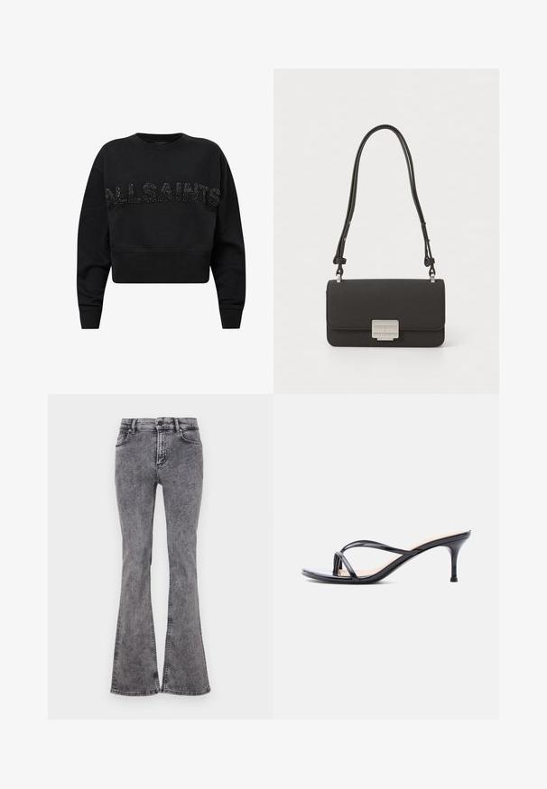 Sort cropped sweatshirt lavet af blødt stof, med "ALLSAINTS" i teksturerede sorte accenter på forsiden. Rund hals og lange ærmer.; Udfoldede sorte jeans lavet af denim med en falmet vask, der har fem lommer, lynlås og kontrastsyninger langs sømmene.; Sort laklædersandal med hæl, tynde krydsede remme og en slank mellemhøj stilethæl på en hvid baggrund.; Sort læderhåndtaske med en tekstureret overflade, rektangulær form, sølvhardware og en aftagelig dobbeltslynge. Har en frontlås.