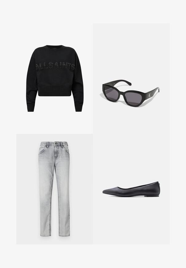 Sort cropped sweatshirt lavet af blødt stof, med "ALLSAINTS" i teksturerede sorte accenter på forsiden. Rund hals og lange ærmer.; Grå denim jeans med en klassisk pasform, der har knaplukning, fem lommer og subtil falming for tekstur. Lige ben design.; Sort flad lædersko med spidst tåparti og lav hæl, vist i sideprofil mod en hvid baggrund.; Sorte solbriller med et strømlinet, vinklet design, mørke linser og et kontrasterende sølvlogo på siden. Glat plastoverflade.