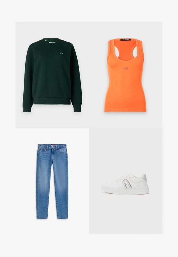 Lacoste Sweatshirt - sinople; Ribbede orange top med rund halsudskæringer og brede stropper. Har et lille broderet logo på forsiden. Glat tekstur.; Blå mellemhøje slim fit jeans med lommer foran og bagpå, knaplukning og let falmning på lårene.; Hvid sneaker lavet af læder med en glat overflade. Har en rund tå, flad sål, sølvdetaljer og et minimalistisk design.
