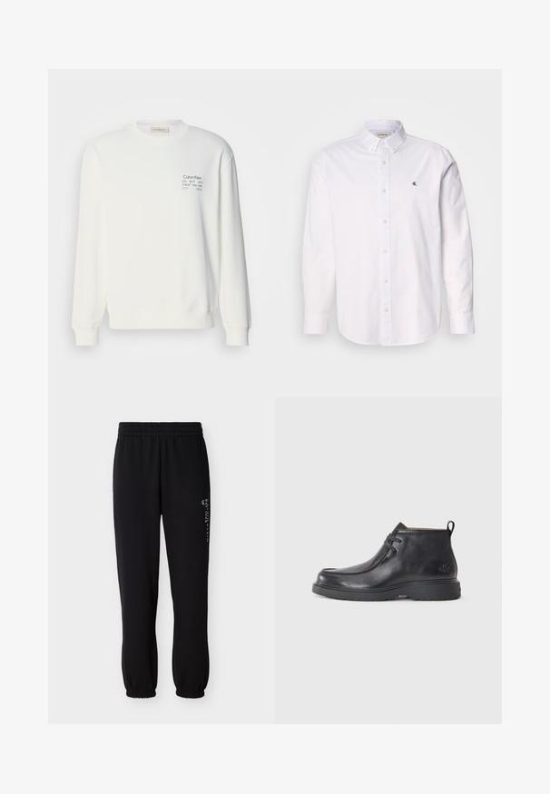Sweatshirt en coton blanc à manches longues, col rond et logo imprimé sur la poitrine, avec des poignets et un ourlet côtelés.; Chemise blanche à boutons en coton, avec un col classique, des manches longues, et un petit logo CK sur la poitrine gauche. Texture douce.; Pantalon de survêtement noir en tissu doux, avec une taille élastique, des poignets aux chevilles, et un logo imprimé sur le côté.; Bottes noires en cuir à talon arrondi, avec un design à lacets et une languette à l'arrière. Tige texturée et semelle en caoutchouc.