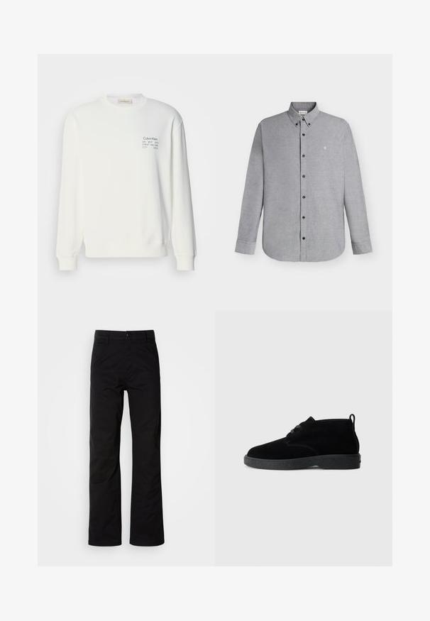 Sweatshirt en coton blanc à manches longues, col rond et logo imprimé sur la poitrine, avec des poignets et un ourlet côtelés.; Chemise gris clair à manches longues avec boutons, col boutonné et petit logo "cK" brodé sur la poitrine gauche.; Pantalons en coton noir avec une coupe droite, dotés d'une fermeture à bouton et de passants de ceinture. Texture lisse et style minimaliste sans motifs visibles.; Bottines en suédine noire à bout rond, à lacets, avec une semelle en caoutchouc noire et une languette à l'arrière pour un enfilage facile.
