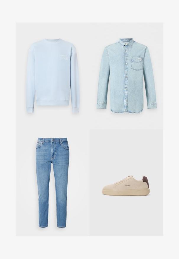 Lyseblå sweatshirt med rund halsudskæring, ribstrikkede manchetter og kant. Har hvid tekst på brystet, der angiver mærke- og adresseoplysninger.; Lyseblå denim-skjorte med lange ærmer, knaplukning foran, enkelt brystlomme med Calvin Klein-logo og spids krave.; Lys blå denim jeans med lige snit, fem-lomme design og subtilt slid. Har knaplukning og bæltestropper.; Beige ruskind sneakers med rund tå, snørret foran og en brun ruskindsdetalje på hælen. Har en tekstureret gummisål.