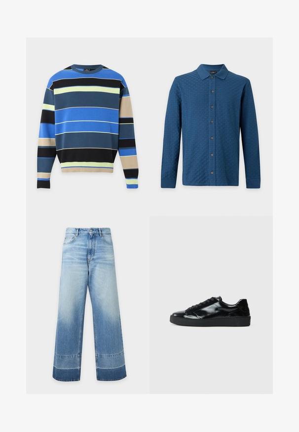 Pull en maille à manches longues avec des rayures horizontales bleu, noir, beige et jaune clair, col rond, poignets et ourlet côtelés.; Chemise bleue texturée à manches longues avec col et boutons marron sur un fond clair uni.; Jean en denim bleu clair à coupe large avec des détails délavés et des blocs de couleur plus foncés près de l'ourlet, bouton devant et poches visibles.; Baskets en cuir verni noir avec un bout arrondi, un laçage, une semelle en caoutchouc texturé et une finition lisse.