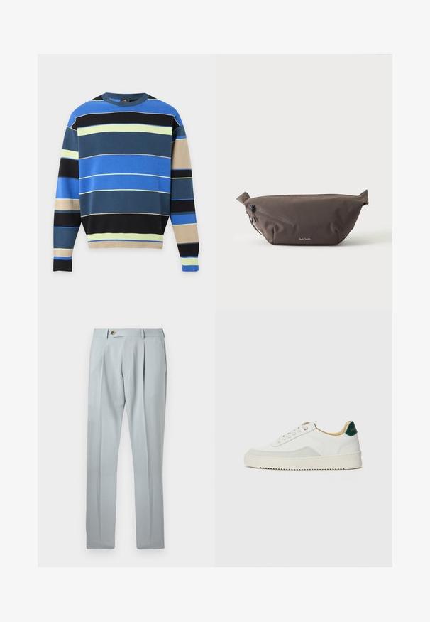 Pull en maille à manches longues avec des rayures horizontales bleu, noir, beige et jaune clair, col rond, poignets et ourlet côtelés.; Pantalon de costume plissé gris clair avec fermeture à bouton et zip, passants pour ceinture et jambes droites.; Baskets blanches avec des accents en daim, bout arrondi, lacets plats et semelle en caoutchouc crème. Présente une marque verte sur le talon.; Sac banane en tissu marron foncé avec poche zippée en diagonale et petit logo blanc sur le devant, sur un fond clair uni.