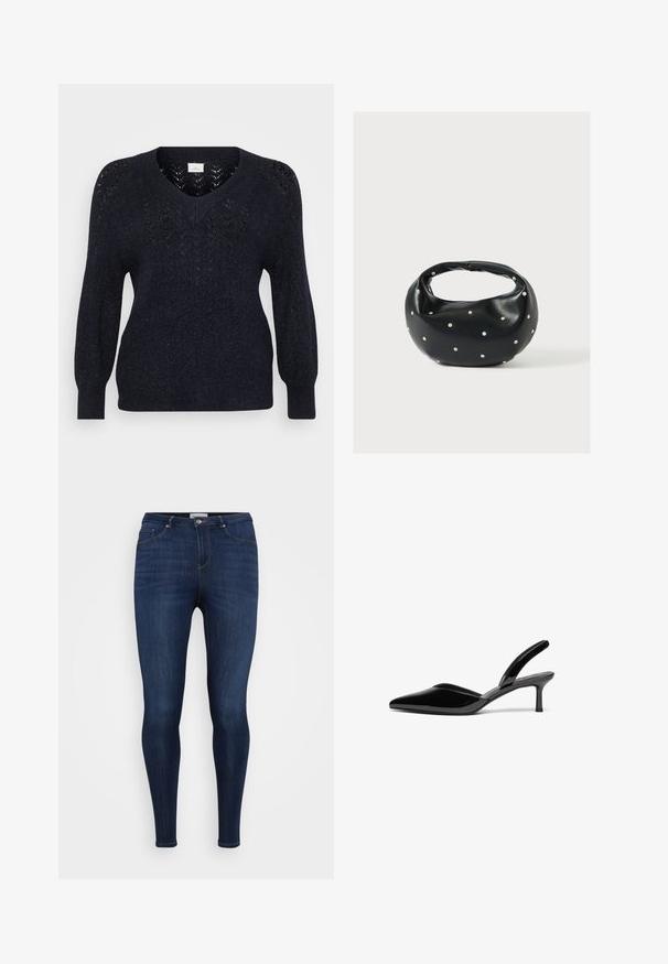 Navy gestrickter Pullover mit V-Ausschnitt, strukturierten durchbrochenen Details an den Schultern und langen, leicht puffigen Ärmeln. Weicher Stoff mit einem subtilen Schimmer.; ONLY Carmakoma Skinny fit CARTHUNDER - Jeans Skinny Fit - dark blue denim; Schwarze Lackleder-Slingback-Pumps mit spitzem Fuß, niedrigem Stiletto-Absatz und einem eleganten, schlichten Design ohne Verzierungen.; Schwarze Lederhandtasche mit abgerundeter Form, verziert mit silbernen Nietenakzenten und kurzem Griff. Glatte Struktur und Reißverschlussverschluss.
