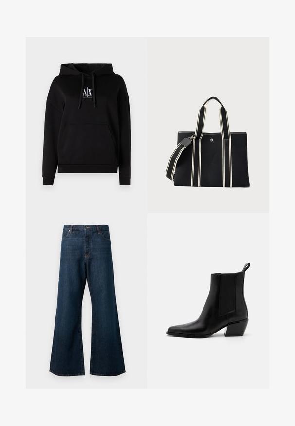 Sort hættejakke med lomme foran, snoretræk og et logo med "A|X" på brystet. Fremstillet af blødt stof med en afslappet pasform.; Mørkeblå brede jeans lavet af denim, med høj talje, fem-lomme design og kontrasterende orange syninger langs sømmene.; Sorte læder ankelstøvler med spidse tæer, elastiske sidepaneler og en lav blokhæl. Har en pull-tab ved hælen for nem påtagning.; Sort lærreds-taske med dobbelte creme-stribede håndtag og matchende aftagelig skulderrem mod en ensartet lys baggrund.