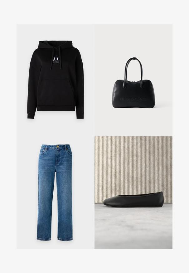 Sort hættejakke med lomme foran, snoretræk og et logo med "A|X" på brystet. Fremstillet af blødt stof med en afslappet pasform.; Blå høj talje jeans med lige ben, lavet af denim, med fem lommer og detaljer i guldtonet metal.; Sorte læder balletflade med en rund tå, glat tekstur og en gulds logoaccent på siden. Placeret over en reflekterende overflade.; Sort Emporio Armani Milano læderhåndtaske med to lange håndtag og en top lynlås på en hvid baggrund.