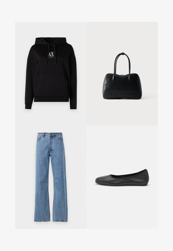 Sort hættejakke med lomme foran, snoretræk og et logo med "A|X" på brystet. Fremstillet af blødt stof med en afslappet pasform.; Lyseblå højtaljede lige jeans med frontknap, lynlås og femlomme-design på hvid baggrund.; Sort læderballetsko med rund tå, glat tekstur, minimal syning og et fleksibelt såldesign.; Sort Emporio Armani Milano læderhåndtaske med to lange håndtag og en top lynlås på en hvid baggrund.