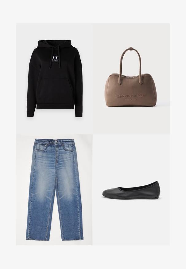 Sort hættejakke med lomme foran, snoretræk og et logo med "A|X" på brystet. Fremstillet af blødt stof med en afslappet pasform.; Blå denim jeans med en afslappet pasform, falmet front, fem lommer og knaplukning. Har en sølvknap og kontrasterende syninger.; Sort læderballetsko med rund tå, glat tekstur, minimal syning og et fleksibelt såldesign.; Taupe blød læderhåndtaske med dobbelte håndtag og præget "Emporio Armani Milano" logo på fronten.
