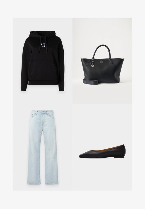 Sort hættejakke med lomme foran, snoretræk og et logo med "A|X" på brystet. Fremstillet af blødt stof med en afslappet pasform.; Lyseblå denimjeans med høj talje, vidde ben-design og subtil falming. Har klassisk fem-lommes styling og tonale syninger.; Sort læder flad sko med spids tå, lav hæl og glat finish, vist fra siden på en lysegrå baggrund.; Sort læder Armani Exchange håndtaske med to håndtag, sølv A|X vedhæng og aftagelig skulderrem mod en ensfarvet lys baggrund.