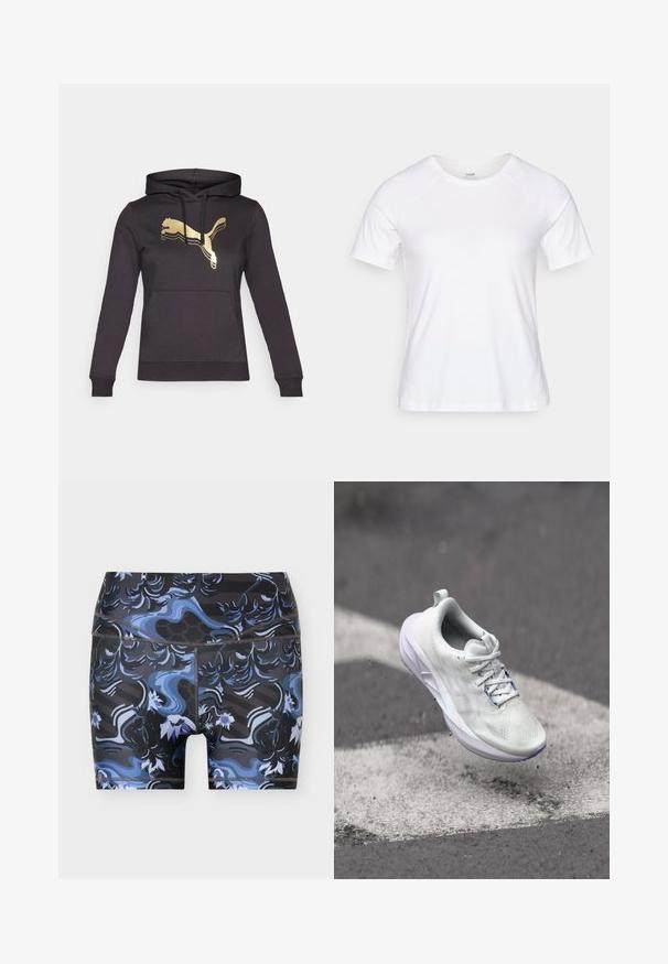 Μαύρο hoodie με μακριά μανίκια και μπροστινή τσέπη. Διαθέτει χρυσό λογότυπο Puma και αντίθετες ρίγες στις λεπτομέρειες του λογότυπου. Μαλακό ύφασμα.; Λευκό κοντομάνικο μπλουζάκι από απαλό ύφασμα βαμβακερού μίγματος, με στρογγυλή λαιμόκοψη και ραγκλάν μανίκια, λεία υφή χωρίς σχέδια.; Ελαστικό μαύρο αθλητικό σορτς με αφηρημένο μοτίβο σε μπλε και μοβ αποχρώσεις με λουλούδια και σπείρες, επίπεδες ραφές και μεσάτη μέση.; Λευκό αθλητικό παπούτσι με υφή στην επάνω πλευρά, σχέδιο με κορδόνια και μαλακή σόλα. Διακοσμητικά στοιχεία περιλαμβάνουν μια ανοιχτή μοβ σόλα και θηλιά στο τακούνι.