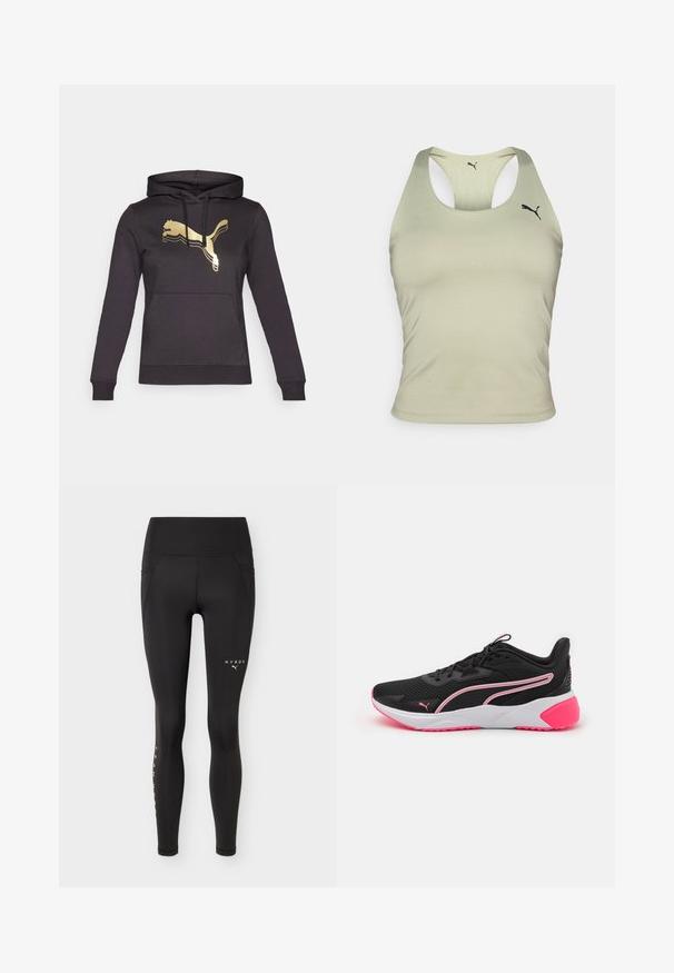 Čierna mikina s kapucňou, dlhými rukávmi a prednou vreckom. Obsahuje zlaté logo Puma a kontrastné pruhy na logu. Mäkká látka.; Svetlozelený športový top s elegantným dizajnom, s okrúhlym výstrihom a štýlom racerback. Malé čierne logo vpredu.; Čierne športové legíny s vysokým pásom s bielymi logami HYROX a Puma, rozložené naplocho na svetlom, jednofarebnom pozadí, žiadny viditeľný model.; Čierne športové topánky s pr mesh hornou časťou, ružovými akcentami, bielou medzipodrážkou a výrazným logom. Majú ľahký dizajn a textúrovanú podrážku.