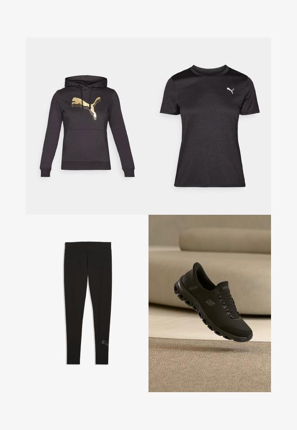 Čierna mikina s kapucňou, dlhými rukávmi a prednou vreckom. Obsahuje zlaté logo Puma a kontrastné pruhy na logu. Mäkká látka.; Čierne športové tričko s krátkymi rukávmi, okrúhlym výstrihom a bielym logom na hrudi. Hladká textúra a prispôsobený strih.; Čierne legíny na celú dĺžku so širokým pásom a malým bielym logom Puma na spodnej pravej nohe.; Čierne nazúvacie topánky s textúrovaným horným dielom, elastickými šnúrkami a polstrovanou podrážkou s kruhovými výrezmi pre lepšiu priedušnosť.