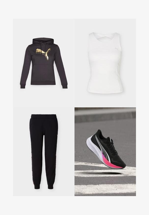 Čierna mikina s kapucňou, dlhými rukávmi a prednou vreckom. Obsahuje zlaté logo Puma a kontrastné pruhy na logu. Mäkká látka.; Biele atletické tielko bez rukávov s okrúhlym výstrihom a detailom prekrížených ramienok na chrbte, s malým logom Puma na hrudi.; Čierne teplákové nohavice s elastickým pásom a pruhmi so zvieracím vzorom po bokoch, s manžetami na členkoch.; Čierna bežecká obuv s bielymi a ružovými akcentmi na podrážke, bielym logom Puma na boku, zobrazená vo vzduchu nad asfaltovým povrchom.