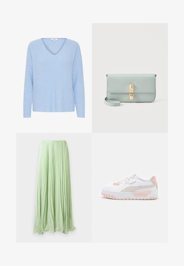 Suéter de punto azul claro con escote en V, mangas largas y textura acanalada. Presenta un corte holgado y una tela suave.; Falda larga plisada verde claro con tela fluida y cinturilla elástica, exhibida contra un fondo blanco.; Zapatillas blancas con acentos rosas. Parte superior de material sintético suave, franjas laterales texturizadas, puntera redonda, suela de goma plana y cierre con cordones.; Bolso de mano de cuero azul claro con cierre rectangular dorado y correa de muñeca desmontable sobre fondo blanco.