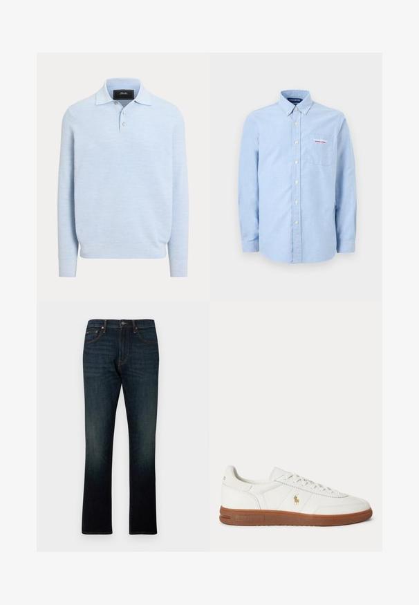 Polo en maille bleu clair à manches longues avec ourlet côtelé, patte de boutonnage et tissu doux texturé.; Chemise bleu clair à manches longues avec col à boutons, poche avant et broderie du logo "Polo Sport Ralph Lauren" sur la poche.; Jean denim bleu foncé à jambe droite avec cinq poches et coutures orange, présenté à plat sur fond blanc.; Baskets basses blanches avec semelle marron, lacets à l'avant, et petit logo doré Polo Ralph Lauren sur le côté.