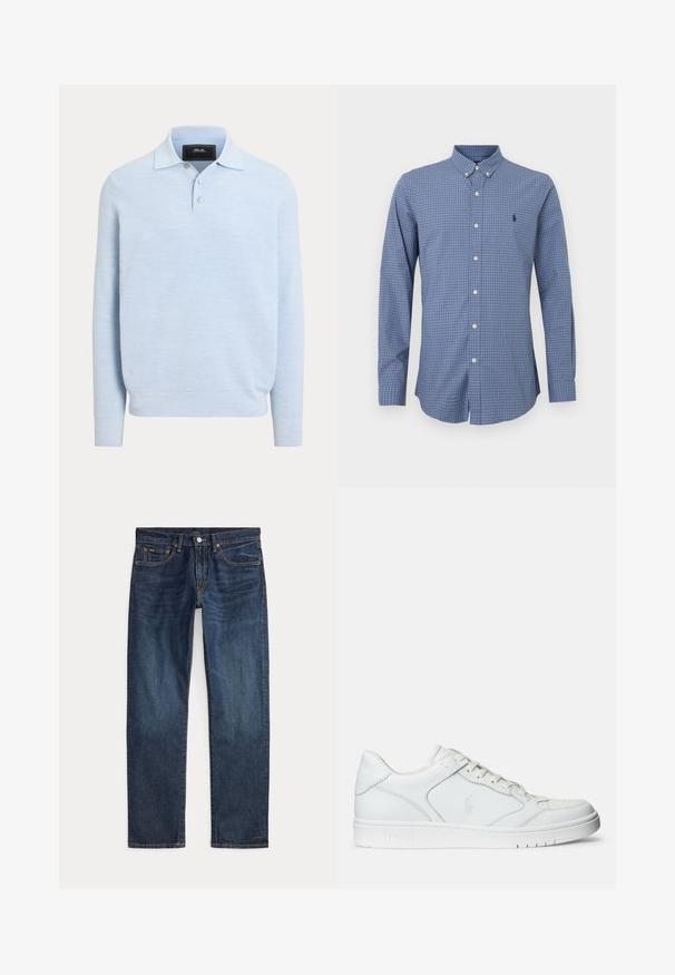 Polo en maille bleu clair à manches longues avec ourlet côtelé, patte de boutonnage et tissu doux texturé.; Chemise à manches longues à carreaux bleus. Fabriquée en coton, avec un col boutonné et un petit logo sur la poitrine.; Jean en denim bleu foncé droit avec poches avant, passants de ceinture et fermeture par bouton métallique sur un fond uni.; Baskets en cuir blanc avec une texture lisse, présentant un bout perforé, un système de laçage et un logo brodé sur le côté. Semelle en caoutchouc blanc.