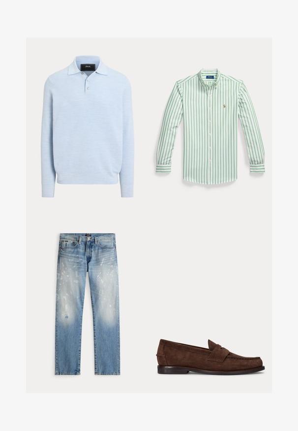 Polo en maille bleu clair à manches longues avec ourlet côtelé, patte de boutonnage et tissu doux texturé.; Chemise homme manches longues à boutons, rayures verticales vertes et blanches et petit logo brodé sur la poitrine gauche.; Jean en denim bleu avec des zones délavées et des éclaboussures de peinture blanche, avec poches avant, passants pour ceinture et fermeture par bouton.; Mocassin penny en daim marron avec un petit talon et des coutures visibles le long de l'orteil, du côté et à l'arrière, présenté sur un fond clair uni.