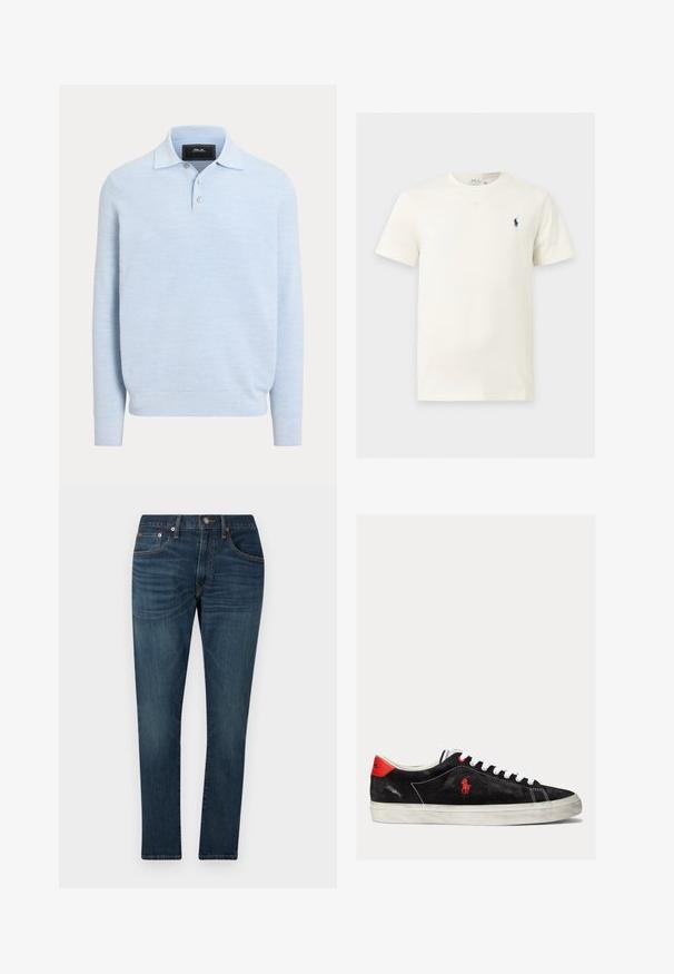 Polo en maille bleu clair à manches longues avec ourlet côtelé, patte de boutonnage et tissu doux texturé.; T-shirt blanc manches courtes col rond avec petit logo sombre d'un cheval et d'un cavalier sur la poitrine gauche.; Jean slim-fit bleu foncé avec légère décoloration, poches avant, passants pour ceinture et fermeture par bouton sur un fond uni.; Baskets en suède noires avec des lacets blancs, des accents rouges sur le talon et un petit logo rouge. Dotées d'une semelle plate en caoutchouc et d'une couture simple.