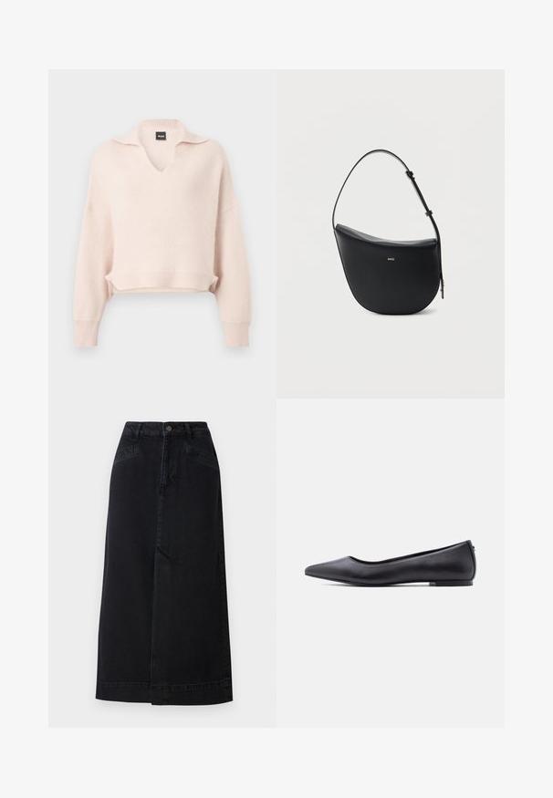 Pull rose clair en tricot avec col en V et col, épaules tombantes, ourlet et poignets côtelés. Fabriqué à partir d'un matériau doux et texturé.; Jupe midi en denim noir avec une coupe droite, fermeture par boutons à l'avant et poches latérales avec de subtils détails de couture.; Chaussure plate en cuir noire à bout pointu avec petit talon, vue de profil sur fond blanc.; Sac à bandoulière en cuir noir en forme de demi-lune avec une bandoulière réglable et le logo doré « BOSS » centré sur le devant.
