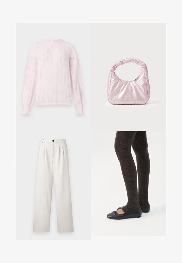 Suéter de punto rosa claro con cuello redondo, que presenta rayas verticales, puños acanalados y detalles de volantes en los extremos de las mangas.; Pantalones de pierna ancha beige fabricados con un tejido suave, que presentan pliegues frontales, un cierre de botón único y bolsillos laterales para mayor funcionalidad.; Piernas con leggings oscuros acanalados combinados con bailarinas negras que presentan pequeños detalles de lazo sobre un fondo blanco.; Bolso de mano acolchado en color rosa con un diseño redondeado, fabricado en material brillante. Presenta un asa fruncida y un cierre de cremallera para un acceso seguro.