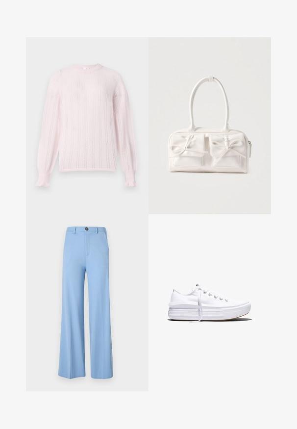 Suéter de punto rosa claro con cuello redondo, que presenta rayas verticales, puños acanalados y detalles de volantes en los extremos de las mangas.; Pantalones de pierna ancha en azul claro, hechos de una tela suave, con cierre de botón y bolsillos frontales. Diseño limpio y ajustado sin patrones.; Zapatilla blanca de lona de perfil bajo con suela gruesa de plataforma, cierre de cordones en el frente y puntera de goma texturizada, mostrada de perfil.; Bolso sintético blanco con dos bolsillos delanteros, cada uno con un detalle de lazo atado. Textura suave, asas redondeadas y cierre de cremallera.