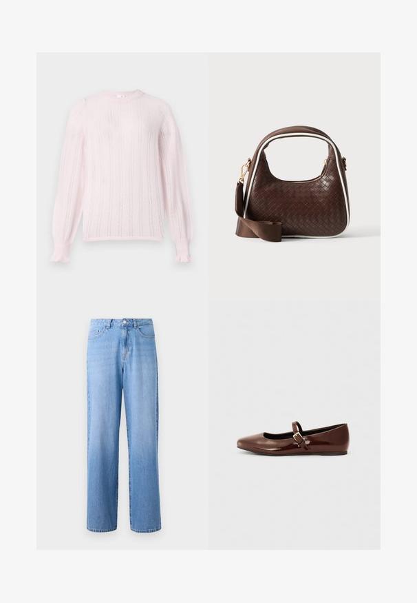 Pull tricot léger rose avec un col rond, présentant des rayures verticales, des poignets côtelés et des accents de volants aux extrémités des manches.; Jean en denim bleu clair à jambes larges avec une taille haute, cinq poches et une fermeture à bouton classique. Le tissu a une texture légèrement décolorée.; Ballerine en cuir verni marron avec un bout carré et une lanière ornée d'une petite boucle dorée. Texture lisse, talon bas et design minimaliste.; Sac à main en cuir tressé marron avec passepoil blanc, fermeture éclair dorée et bandoulière amovible en tissu marron.