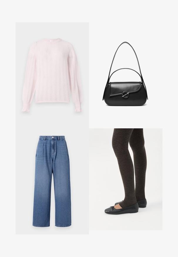 Pull tricot léger rose avec un col rond, présentant des rayures verticales, des poignets côtelés et des accents de volants aux extrémités des manches.; Jean large en denim bleu clair à taille haute, avec des plis, une fermeture à bouton et un ourlet brut en bas.; Jambes portant des leggings côtelés foncés associés à des ballerines noires avec de petits détails en nœud sur fond blanc.; Sac à bandoulière en cuir noir avec un rabat incurvé fermé par un fermoir métallique rond et une sangle fine et ajustable.