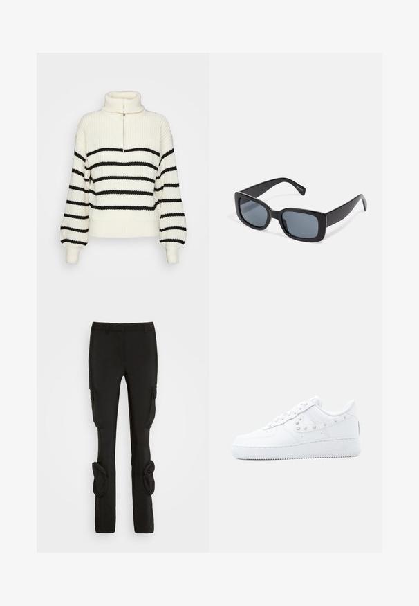 Strik turtleneck sweater i creme med sorte vandrette striber. Har en halv-lynlås foran og brede, ribbede mansjetter og kant.; Weekday ILA CARGO TROUSER - Cargobukser - black; Hvid Nike Air Force 1 sneakers med nittebesat Swoosh-detalje og tyk sål, vist mod en ensartet lysegrå baggrund.; Sorte rektangulære solbriller med mørkt tonede linser, tyk plastramme og brede stænger. Glat overflade og kantet design.